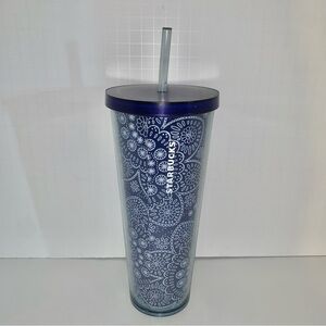 Starbucks 2019 Summer Blue and White Bandana Paisley Cold Drink Tumbler 24 oz